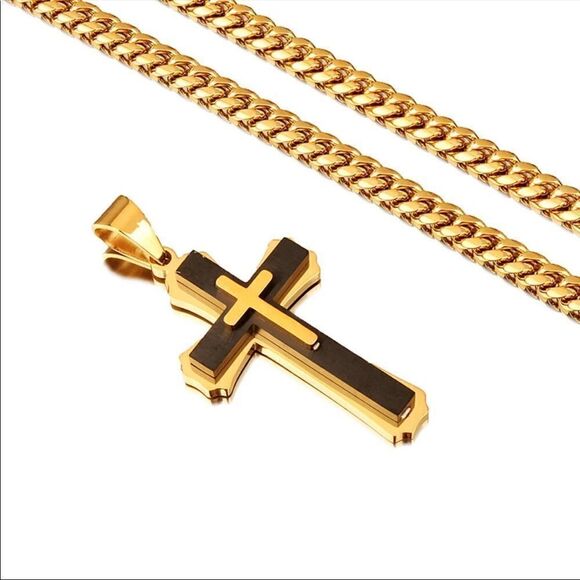Men’s Gold Black Cross Cuban Chain Necklace - Picture 4 of 8
